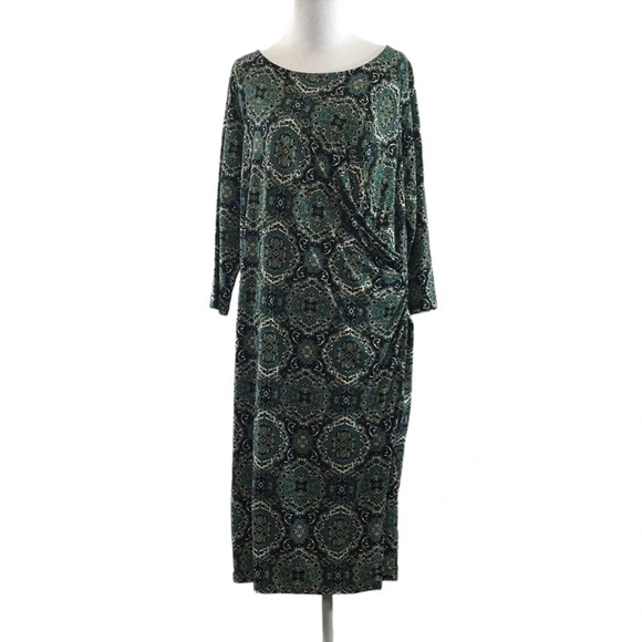 Talbots Green‎ Blue Batik Midi Faux Wrap Dress Womens X 3/4 Sleeve - Picture 1 of 10